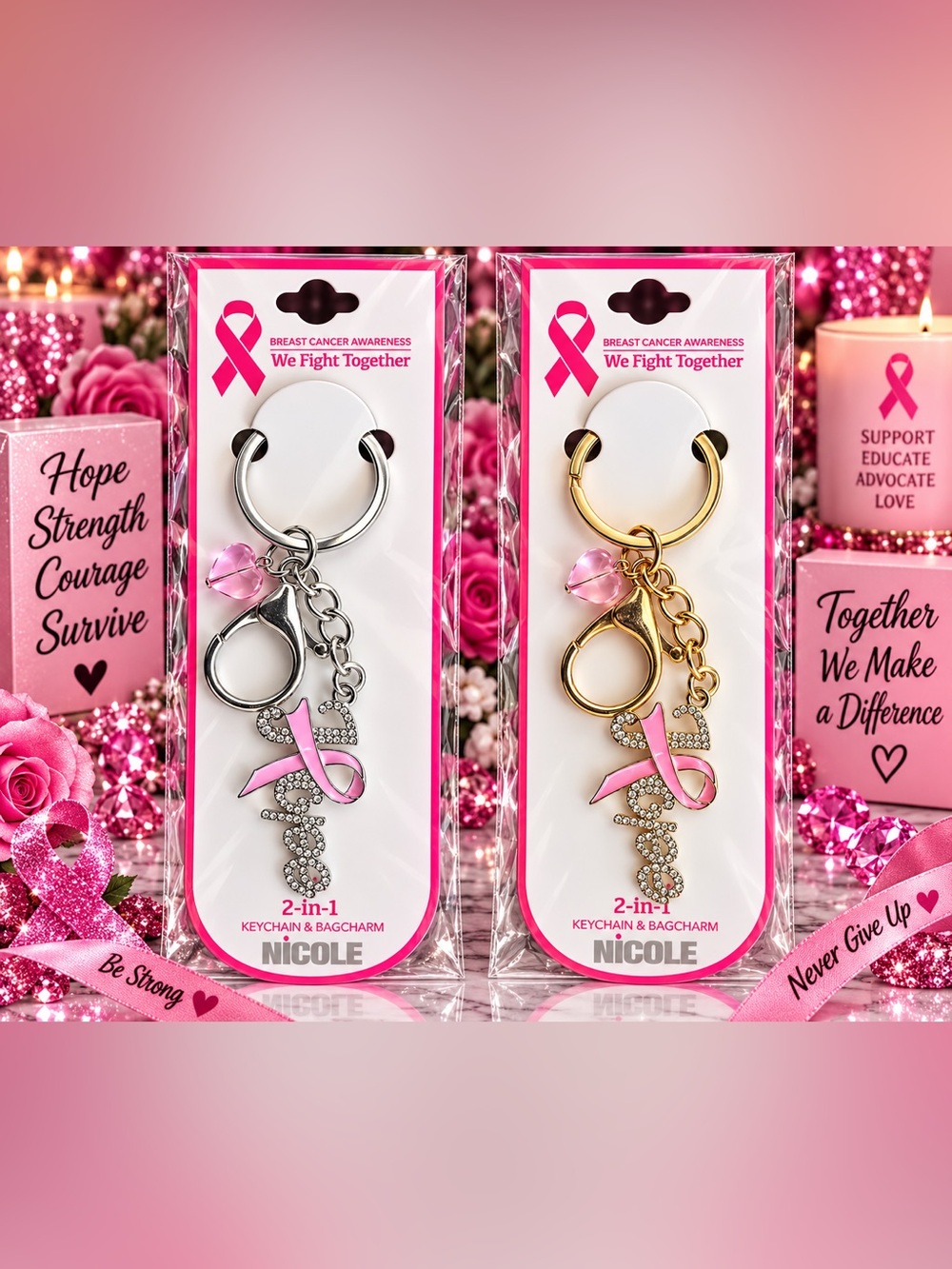 Nicole Pink Breast Cancer Awareness Keychain/Bag Charm